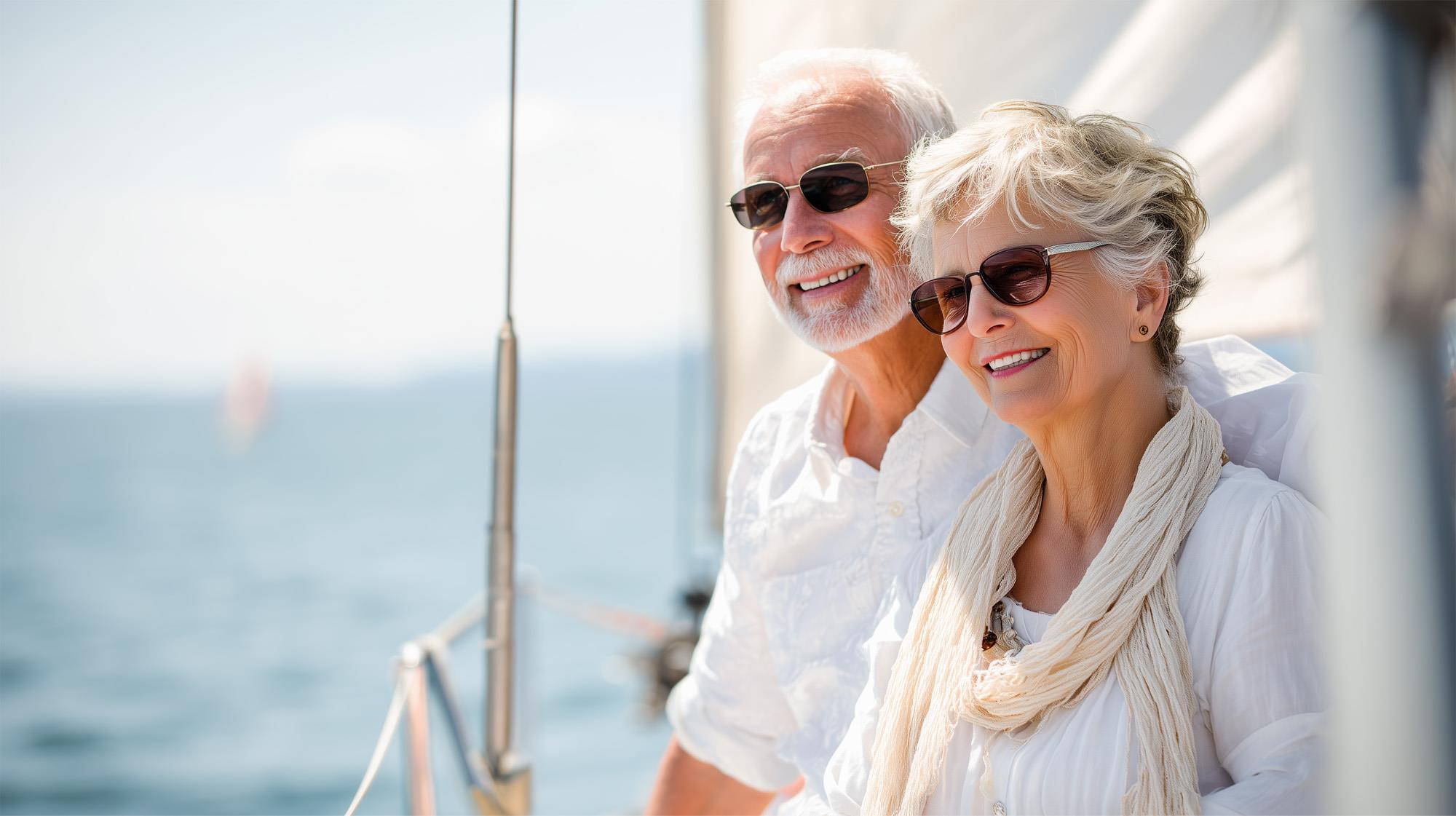 A happy, wealthy elderly Australian couple on a yacht