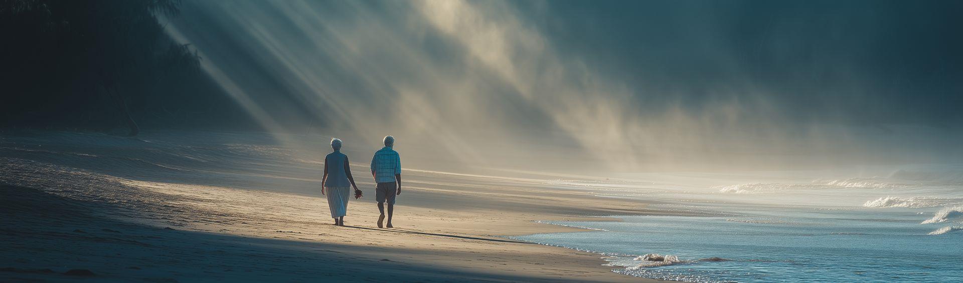 Elderly couple walking on beach