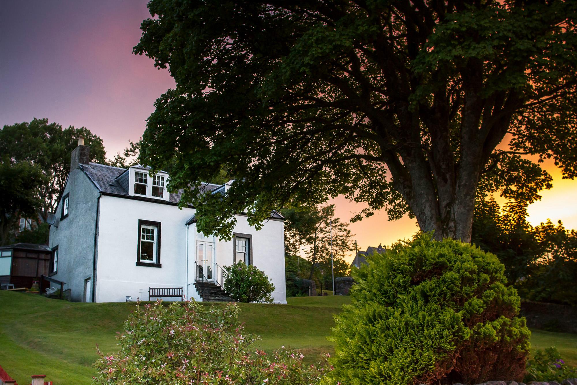 A white family home with a large tree out front