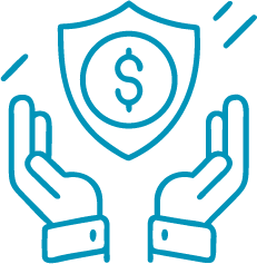Icon of a shield with a dollar sign in it and 2 hands clasping it
